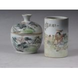 A Chinese brush pot, decorated figures in a landscape and verse, 4 3/4" high, and a pot and cover,