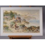 W H Pike: watercolours "Poyt Pean nr St Austel", Cornish coastal scene with figures and donkeys, 12"