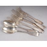 Two pairs of Victorian and Georgian silver fiddle pattern forks and a similar pair of spoons, 10.9oz