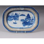 A 19th century Chinese blue and white platter, decorated landscape with gilt border, 13 1/4" wide