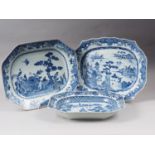 A Chinese blue and white platter, decorated birds, a tree and a fence, 16 1/2" wide, another