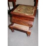 A 19th century mahogany bed step/commode with carpet top and fitted liner, on turned supports, 18"