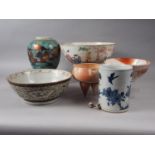 A Chinese blue and white brush pot, decorated flowers and birds, 6 1/2" high, a bowl, decorated