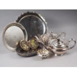 A silver plated squat teapot, another plated teapot, two trays and other items, including a cased