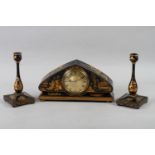 An early 20th century arch top mantel clock, in black and gilt chinoiserie decorated case, 6 high,