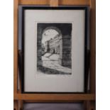 Mabel Olive Rae: a signed etching, Worcester College Oxford, in ebonised frame, three colour prints,