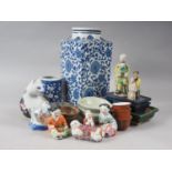 A quantity of mostly Chinese figures, a blue and white brush pot, 5" high, a famille noire ginger