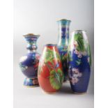 A Chinese cloisonne vase, decorated peaches on a blue ground, 21" high, and three other cloisonne