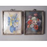 Bertha Fowle: two miniature watercolours, still lives of flowers, in silver frames, 2 1/2" x 2"