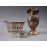 A silver openwork bonbon basket, 1.7oz troy approx, an engine turned white metal patch box and an