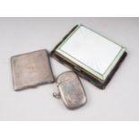 A silver cigarette case with guilloche enamel decoration (damages), a silver compact and a silver