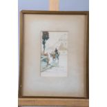V H: a watercolour sketch, figure on a donkey with mosque in distance, 5" x 3", in gilt strip frame