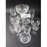 A set of six brandy balloons, a pair of Dartington wine glasses, finger bowls and other glassware