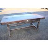 An antique elm slab top refectory table, on chamfered and stretchered supports, top 84" long x 38