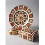 A Royal Crown Derby "Imari" pattern 1128 plate, 8" dia, a matching box and cover, 4" wide and a