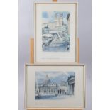 Two prints, scenes of Rome, a watercolour street scene (damaged frame), two "The Tennis Courts of