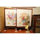 A pair of mahogany square framed fire screens/occasional tables with tapestry panels and a brass set