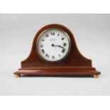 An Edwardian Popham mahogany and inlaid mantel clock with white enamel dial and Roman numerals, 9"