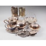 Two silver plated muffin dishes and covers, two plated siphon stands, a plated cake basket and other