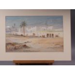 F Catano "Edwin St John": watercolours, Middle Eastern walled village, 11" x 17 1/4", unframed