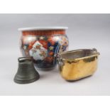 An Imari pattern jardiniere, 8 1/2" high, a brass bell and a brass oval trough with carrying handle,