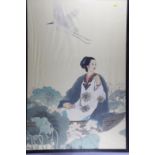 A Chinese water and bodycolour on silk, beauty in a boat on a lake, 42 1/2" x 28", in ebonised strip