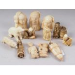 Three bone netsuke merchants, 2" long, six smaller bone netsuke, a bone snuff bottle and three
