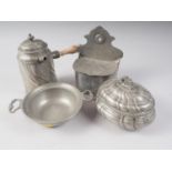 A French pewter coffee pot, a similar sugar box and cover, and two other pieces of Continental