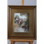 A watercolour of four children and a dog fishing, 9 3/4" x 7 3/4", in gilt frame