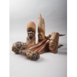 Two African carved busts, taller 10 1/2" high, two carved antelope heads and other items