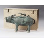 A Chinese bronze limited edition ritual vessel, formed as a water buffalo with engraved archaic