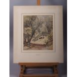 David Cox Jr: watercolour over panel, figure with cow in a lane, inscribed verso label, 10 3/4" x