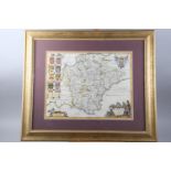 A 17th century hand-coloured map of Devon, after Jansson, in double sided glass mount and gilt frame