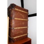 A canvas and wood bound travel trunk, an early 19th century indenture, in Hogarth frame, and various