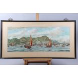 Ling: watercolours, view of Hong Kong harbour, 10 1/2" x 26 1/2", in ebonised frame