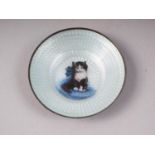 A silver and enamelled pin tray with cat decoration, 0.8oz troy approx