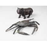 A Japanese bronze model of a bear, 5" long and an articulated bronze model of a crab, 8 1/4"