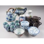 A Chinese porcelain figure decorated vase, a Chinese porcelain blue floral decorated teaset and