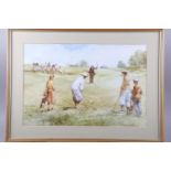 Douglas E West: three prints depicting sporting scenes, including golf, horse racing and cricket,