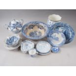 A 19th century Davenport "Chinoiserie Ruins" pattern blue and white soup bowl, 9 1/2" dia, and two