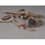 A 14ct gold bar and crescent brooch set sapphires and half pearls (two missing), 7.1g gross, a