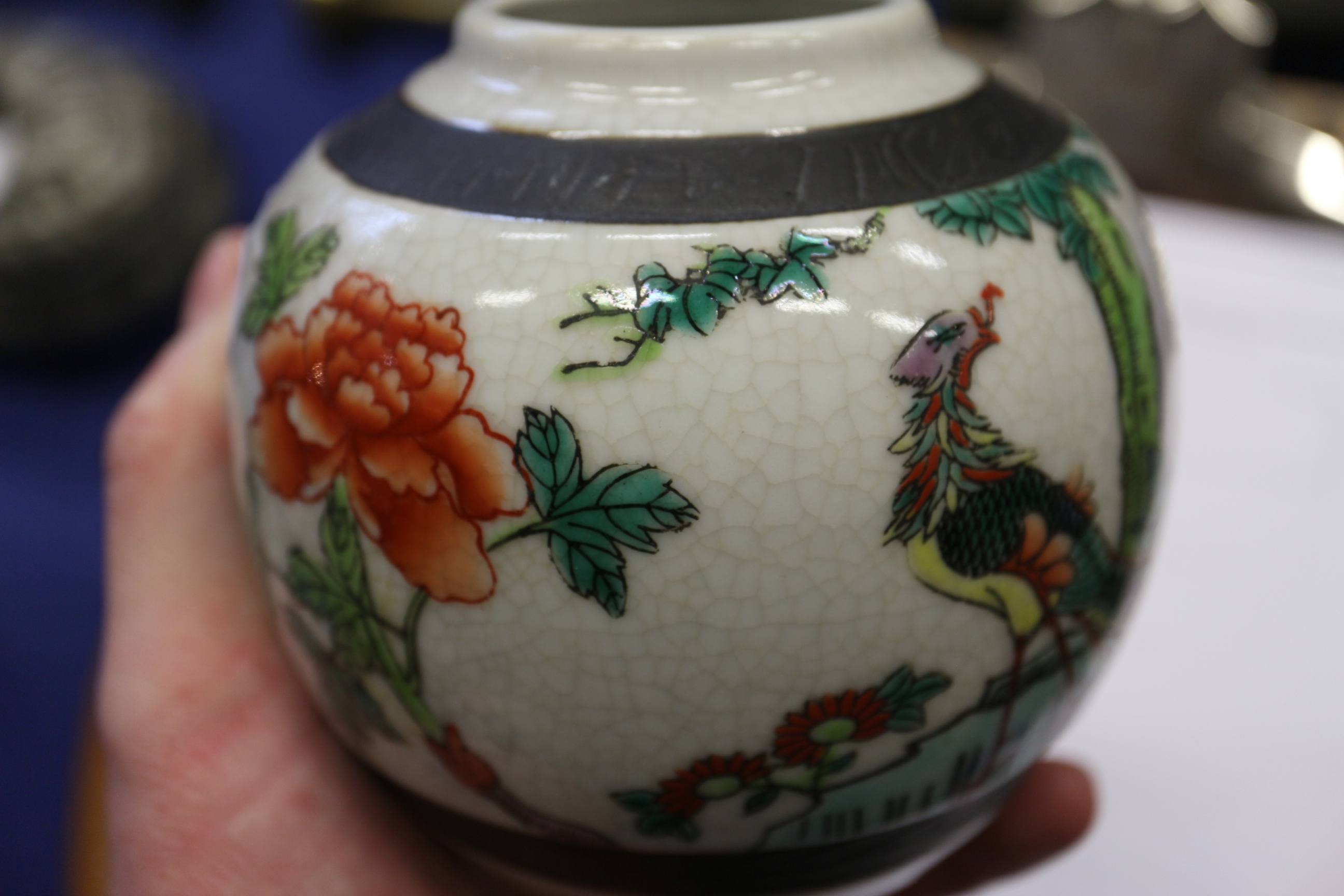 A Chinese 19th century famille verte ginger jar, 5" high (lacking cover), another similar ginger jar - Image 17 of 19