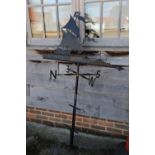 A wrought iron Tudor galleon weather vane with post and accessories, 36" wide x 64" high