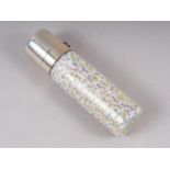 A cylindrical glass and enamelled scent bottle with white metal mounts and stopper, 3" long