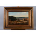 English early 20th century: oil on canvas, downland farm at dusk, 11 1/2" x 17 1/2", in gilt