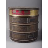 A stacking set of four brass framed test sieves: 10 Mesh, 16 Mesh, 85 Mesh and 100 Mesh