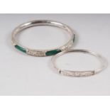 A white metal and jade bangle with bright cut engraving and a white meatal Rennie Mackintosh style
