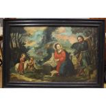An 18th century Continental/Flemish oil on canvas, "Rest on the Flight into Egypt", 30" x 48", in