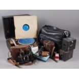 An Academy boxed record player, a Kodak Brownie camera, a pair of binoculars and other similar items