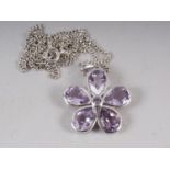A five stone floral pendant, set amethyst, setting and chain, stamped 925